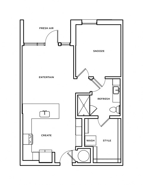 A floor plan of a house with labeled rooms such as "Fresh Air", "Snooze", and "Create".